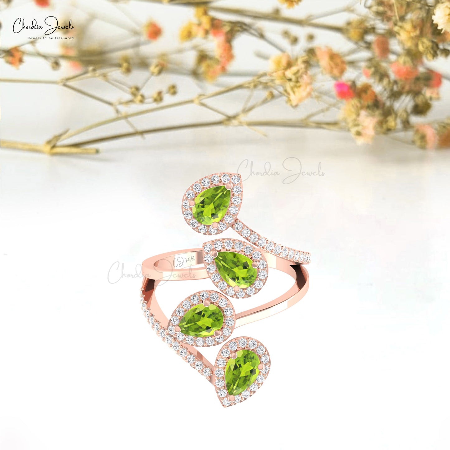 Halo Style Cocktail Ring With 1.5 CTW Pear Cut Peridot 14k Solid Gold Diamond Leaf Ring