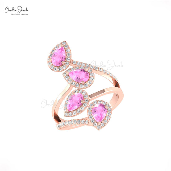 Multi Halo Gemstone Ring In 14k Solid Gold Pink Sapphire And G-H Diamond Leaf Ring