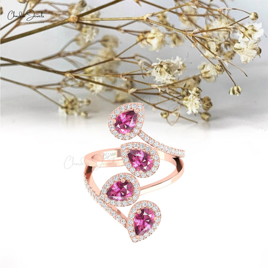 Cocktail Halo Ring In 14k Gold 1.5 CT Pear Cut Rhodolite Gemstone And Diamond Ring