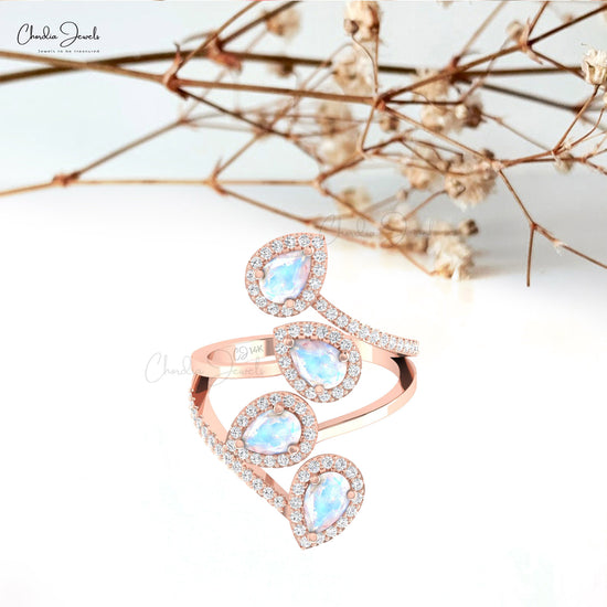 Cocktail Halo Diamond Wrap Ring In 14k Solid Gold With 1.5 CTW Rainbow Moonstone Leaf Ring