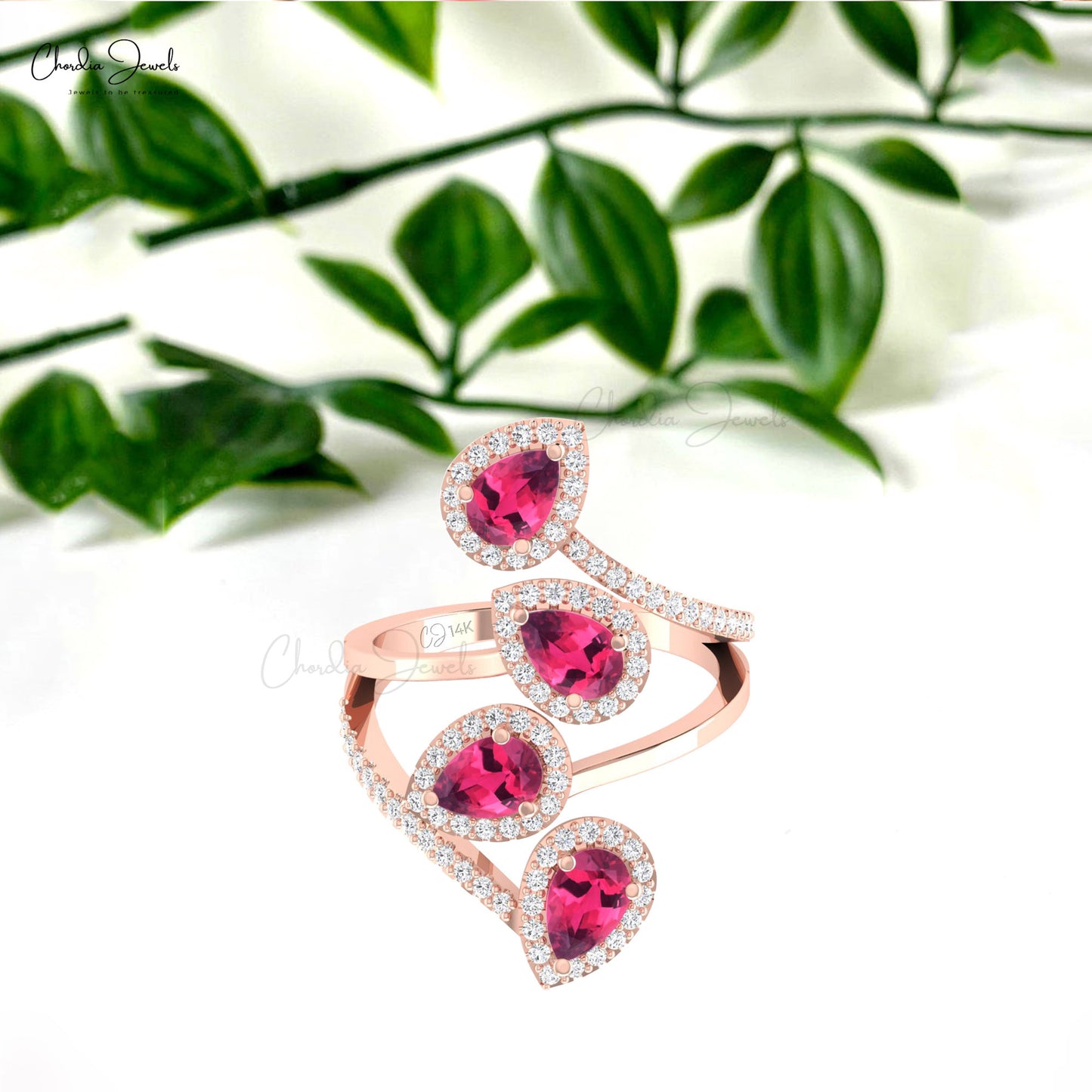 Leaf Style Cocktail Ring 14k Gold 6x4mm Pink Tourmaline Ring Halo Diamond Wrap Ring