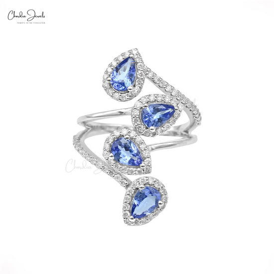 Statement Cocktail Ring With 1.5Ct Tanzanite & Pave Diamond 14K White Gold Halo Ring