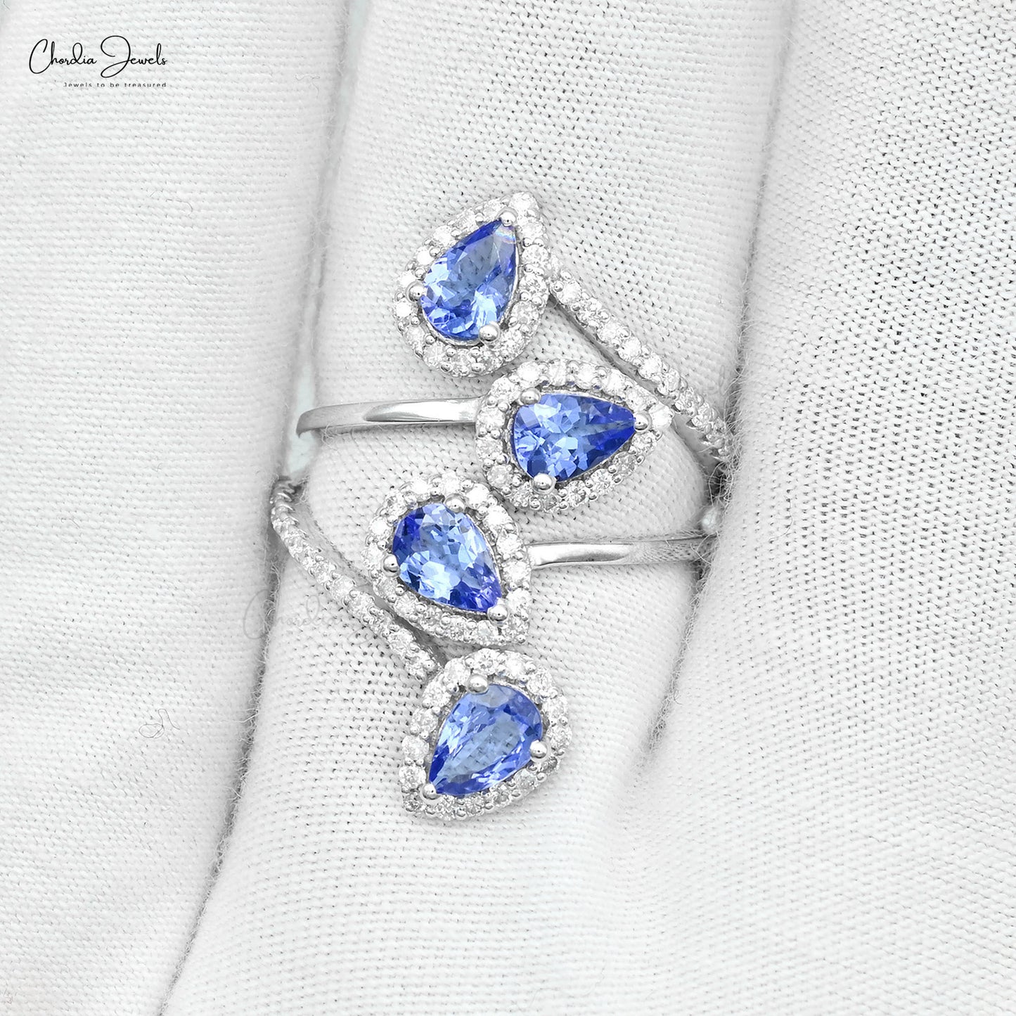 Statement Cocktail Ring With 1.5Ct Tanzanite & Pave Diamond 14K White Gold Halo Ring