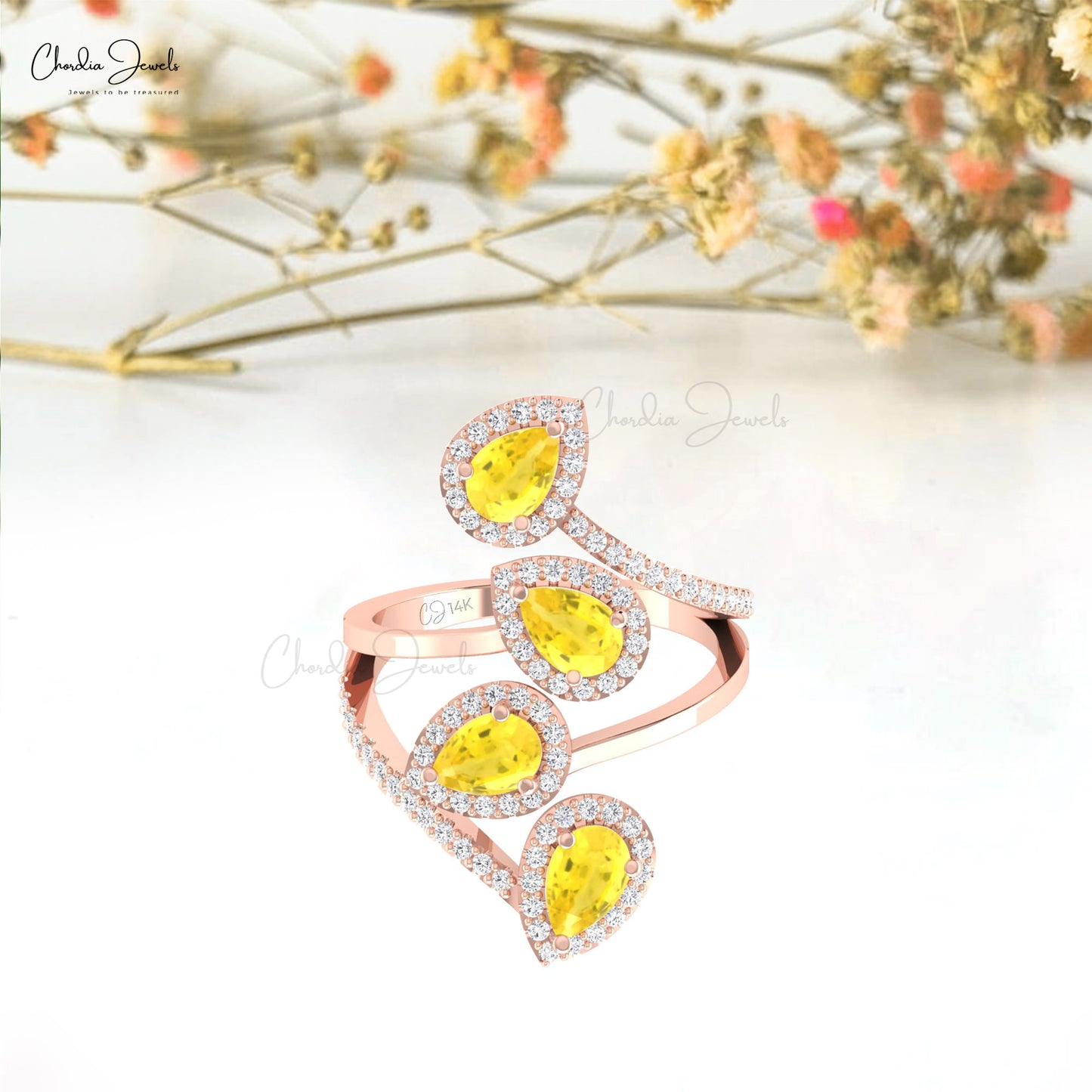 AAA Yellow Sapphire 6x4mm Pear Gemstone And Diamond Multi Halo Ring in 14k Real Gold