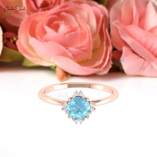 Delicate 0.7 CT Prong Set Aquamarine Ring Diamond Accented Ring In 14k Solid Gold