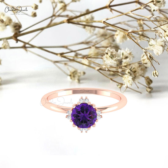 Solid 14k Gold Diamond Accented Ring Real 6mm Round Amethyst And Diamond Ring