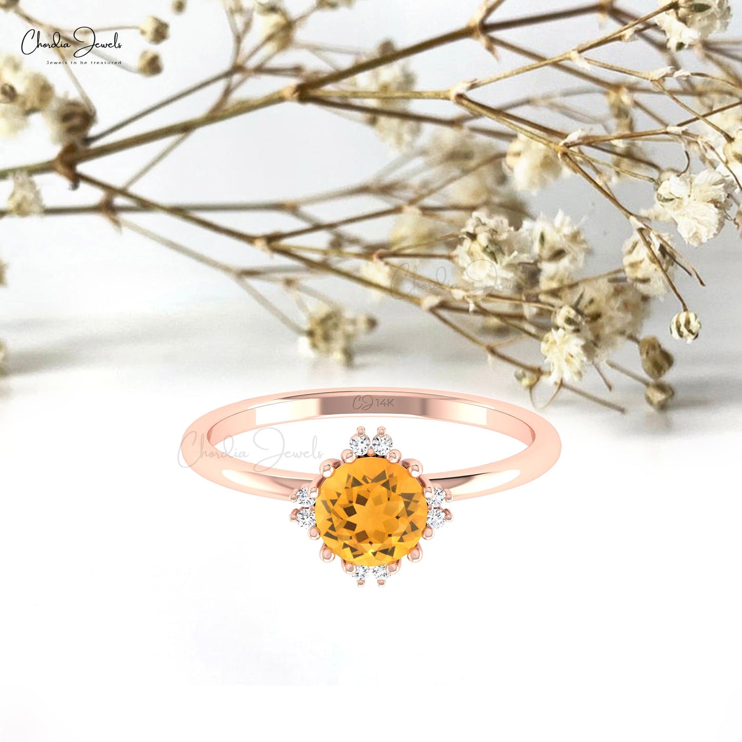 Diamond Accented Ring With 0.7 CT Citrine Gemstone 14k Solid Gold Wedding Ring For Her