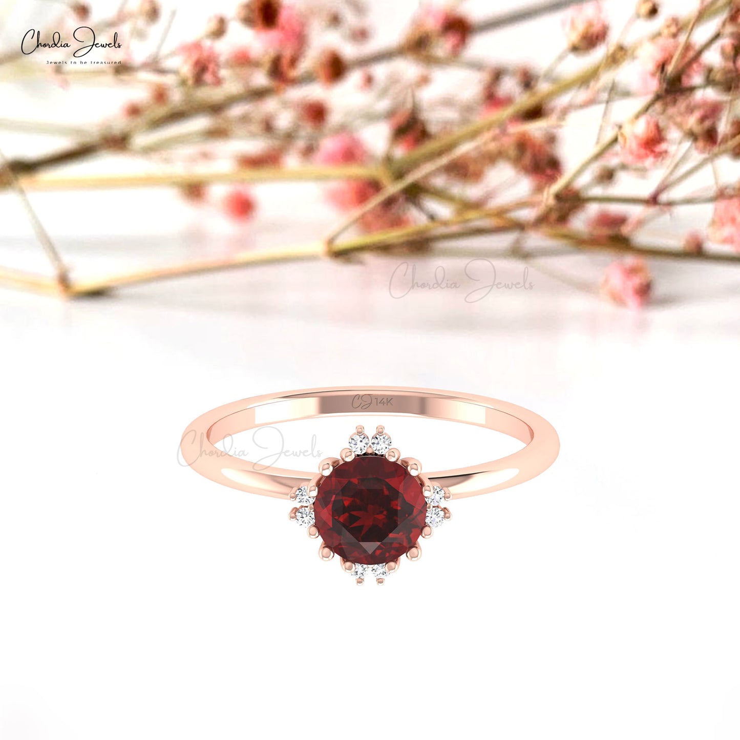 Genuine 0.7 CT Garnet Gemstone Ring Prong Set Diamond Ring In 14k Solid Gold