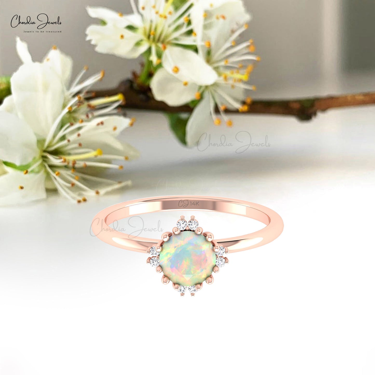 Genuine Round 0.7 CT Ethiopian Opal And Small Diamond Accents Promise Ring In 14k Solid Gold