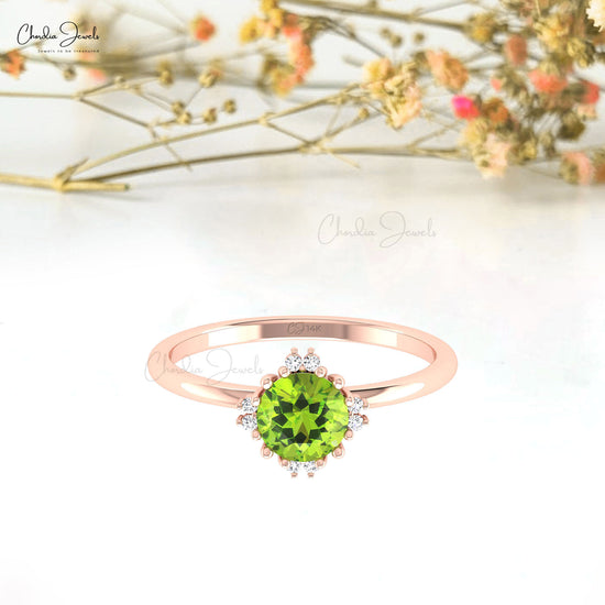 Solid 14k Gold Diamond Accented Ring With Prong Set 6mm Peridot Proposal Ring For Her