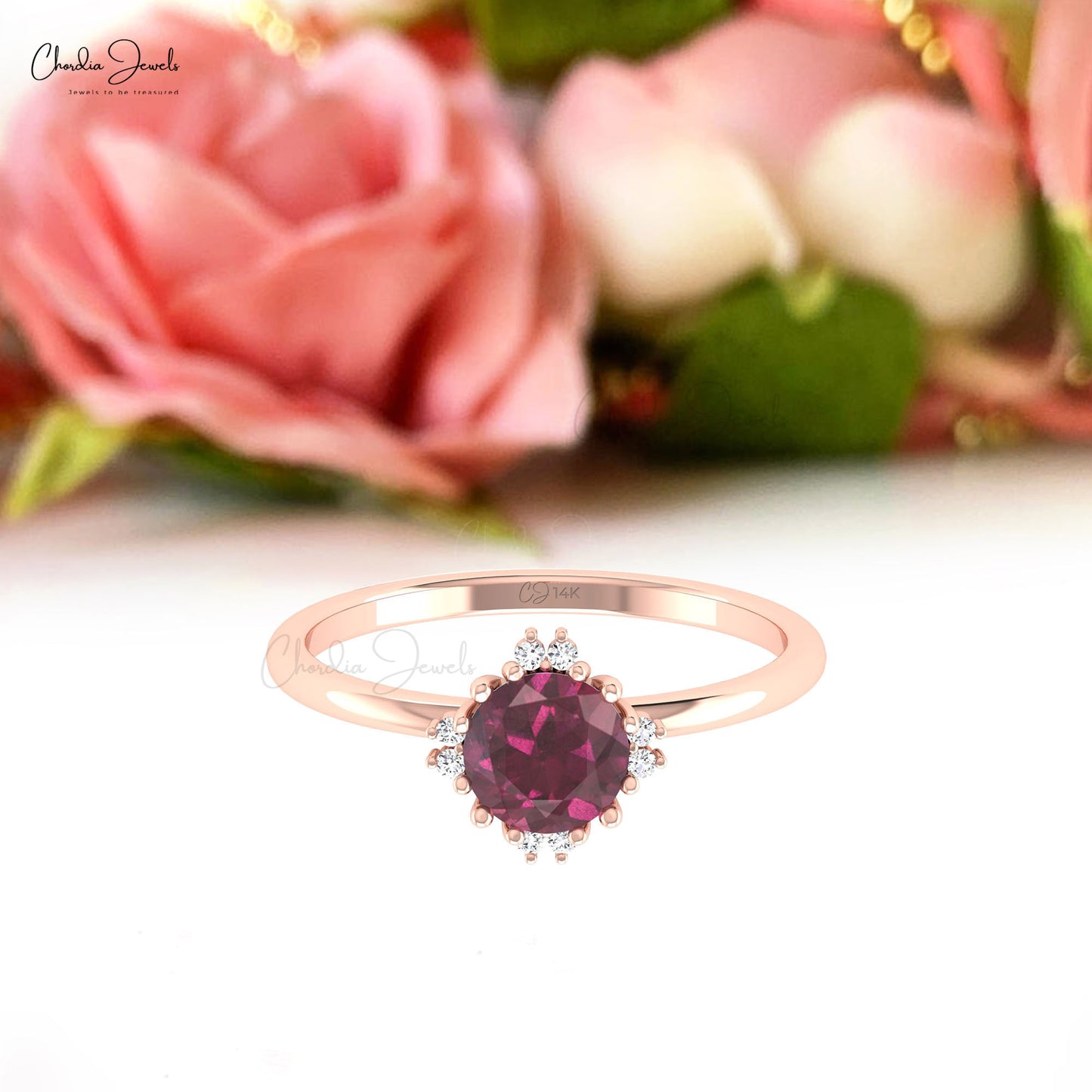 Brilliant Cut 6mm Rhodolite Garnet And Dainty Diamond Ring in 14k Real Gold Jewelry