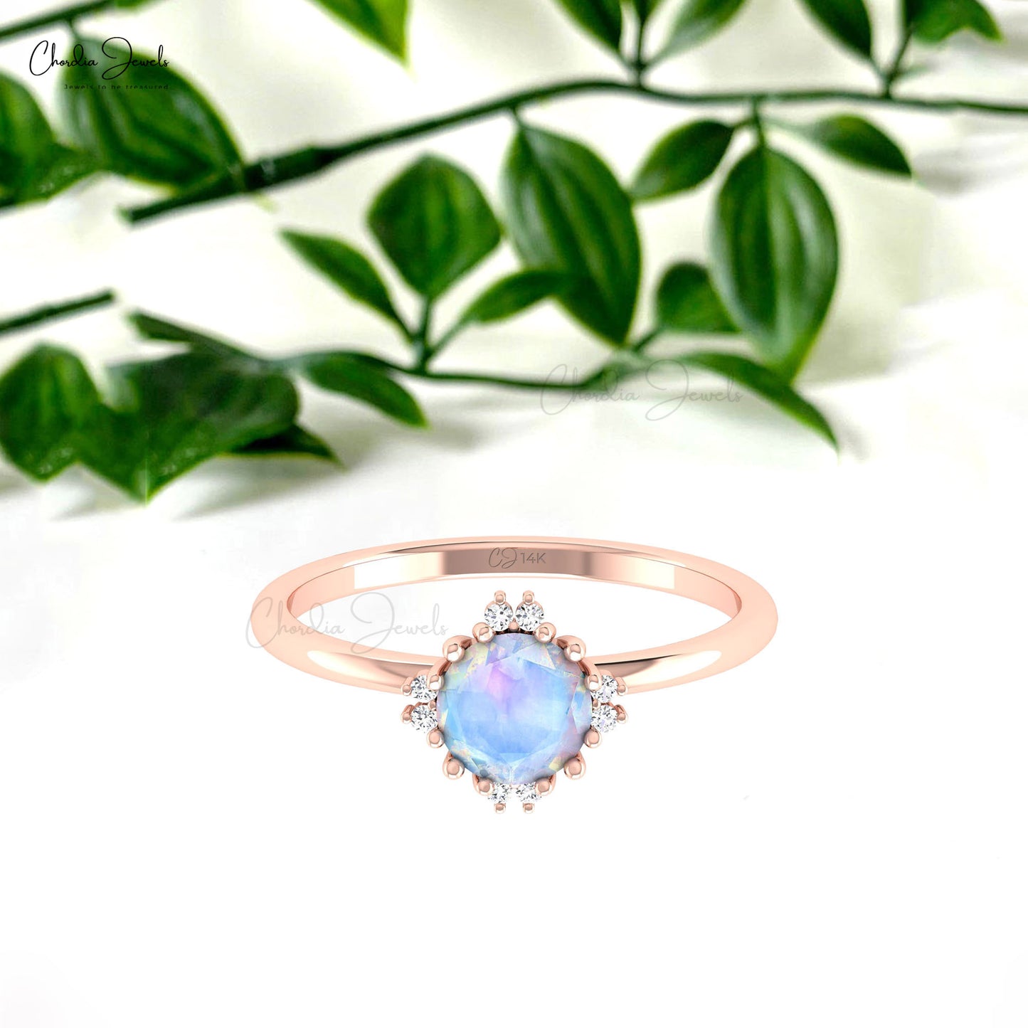 Natural Rainbow Moonstone 0.7 CT Gemstone With Diamond Accent 14k Solid Gold Ring For Wife