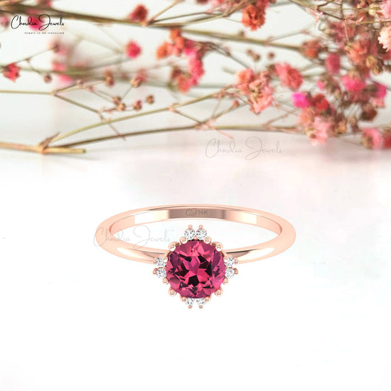 Elegant Diamond Accented Ring 6mm Round Tourmaline And Diamond Ring In 14k Real Gold