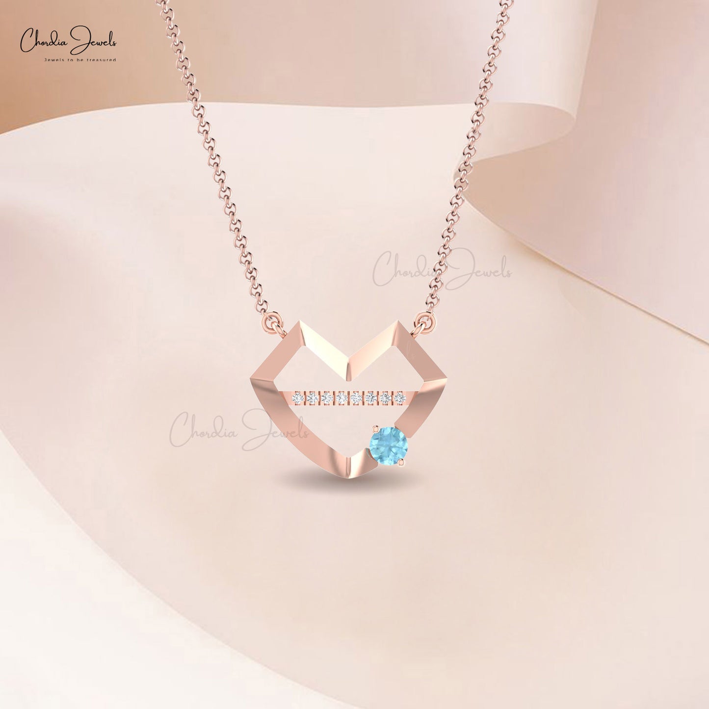 Unique Lip Shape 14k Real Gold Necklace With 4mm Aquamarine And G-H Diamond Women Necklace