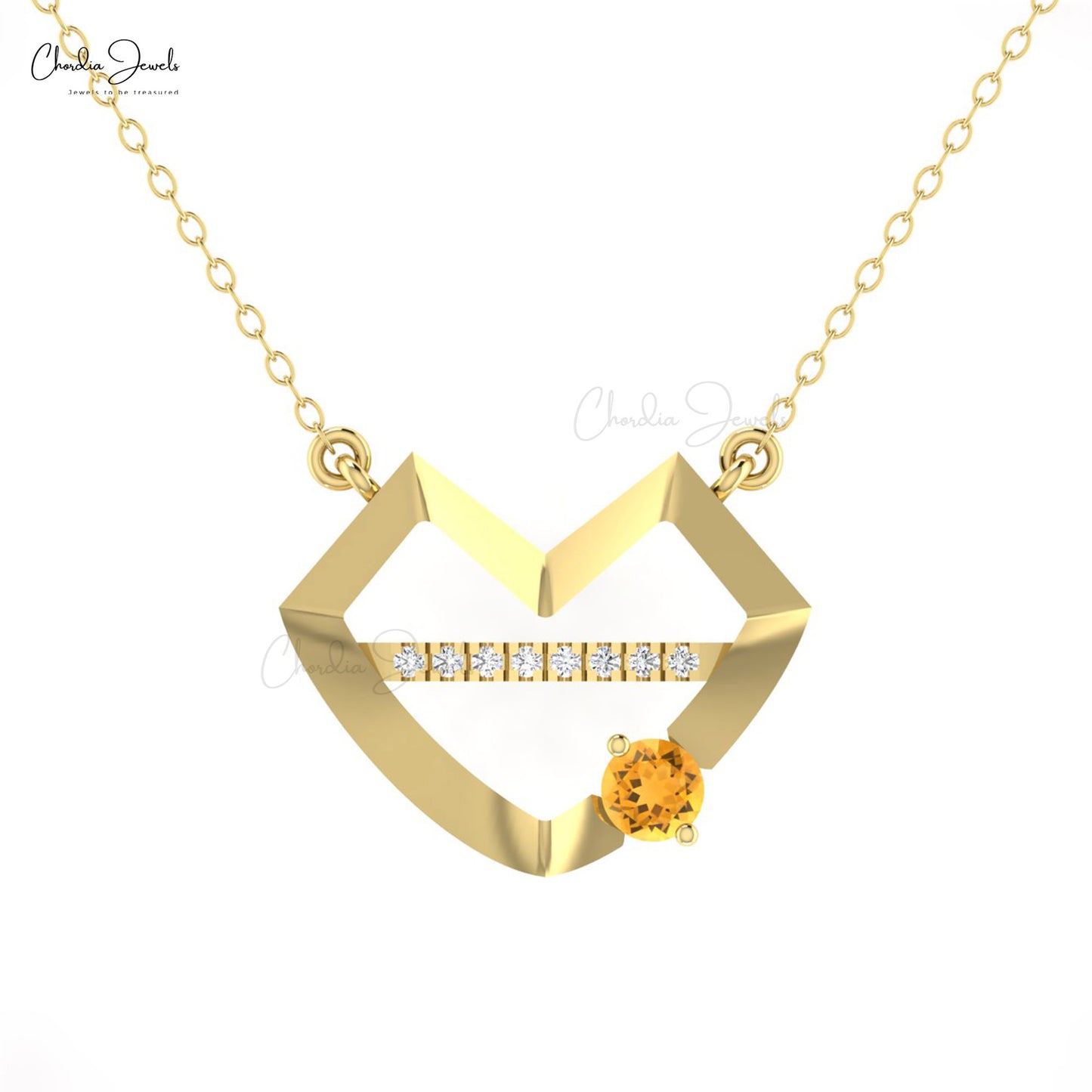 Natural Citrine 4mm Round Gemstone And Diamond Accents In 14k Solid Gold Lips Necklace