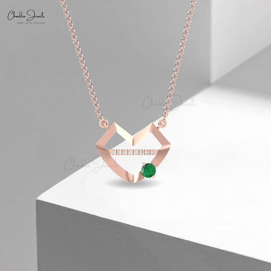 Heart Shape 14k Real Gold Necklace With 0.4 CT Zambian Emerald And Diamond Women Necklace