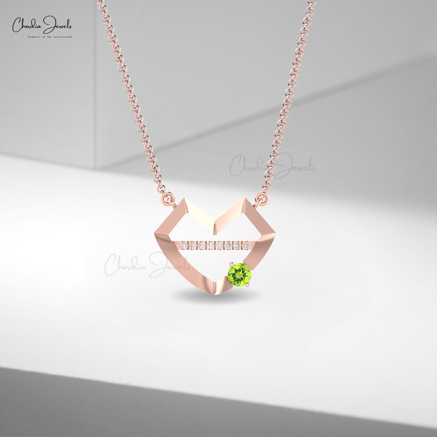 Genuine Peridot 4mm Round Gemstone With Diamond Bar 14k Solid Gold Lips Necklace