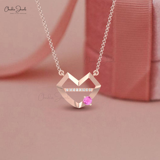 Prong Set Pink Sapphire 0.4 CT Gemstone And Diamond 14k Real Gold Unique Love Necklace