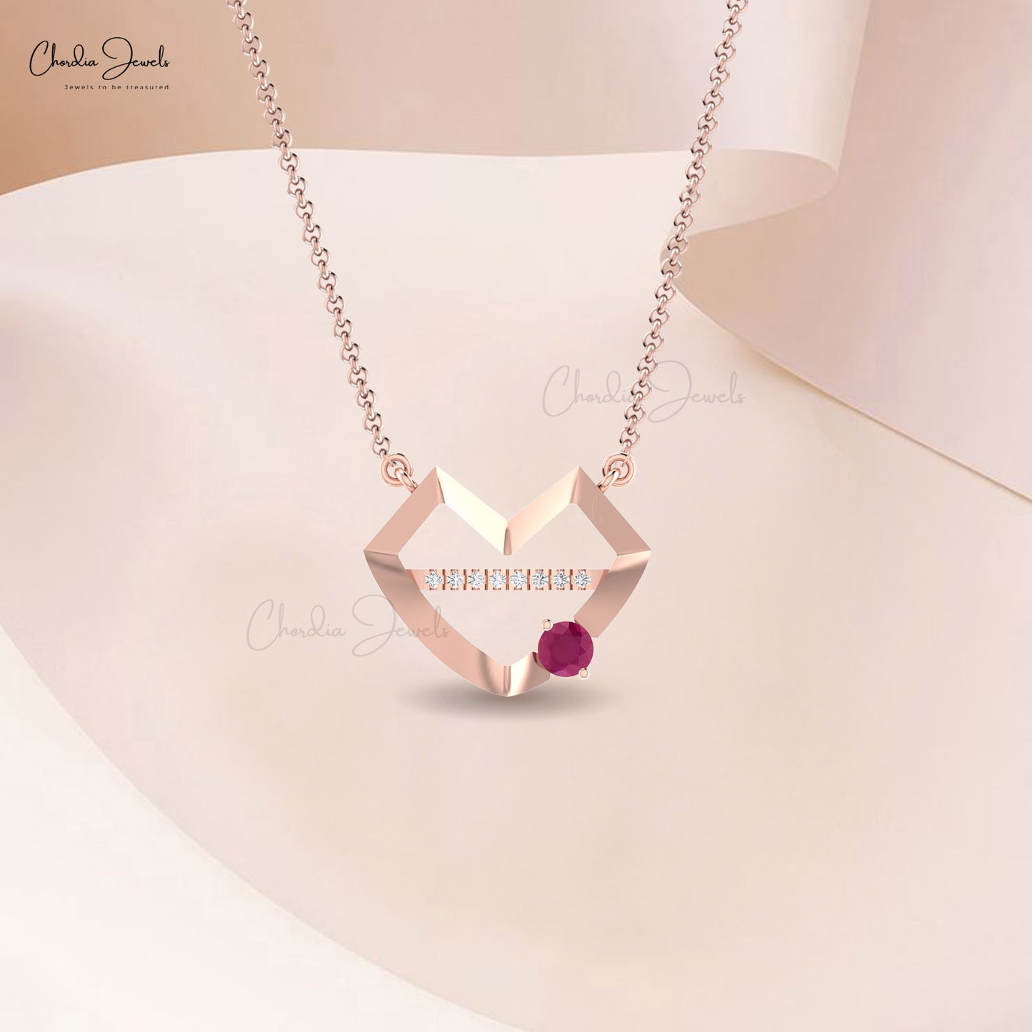 Lips Shape Necklace In 14k Solid Gold With 4mm Ruby And Pave Set Diamond Necklace For GF