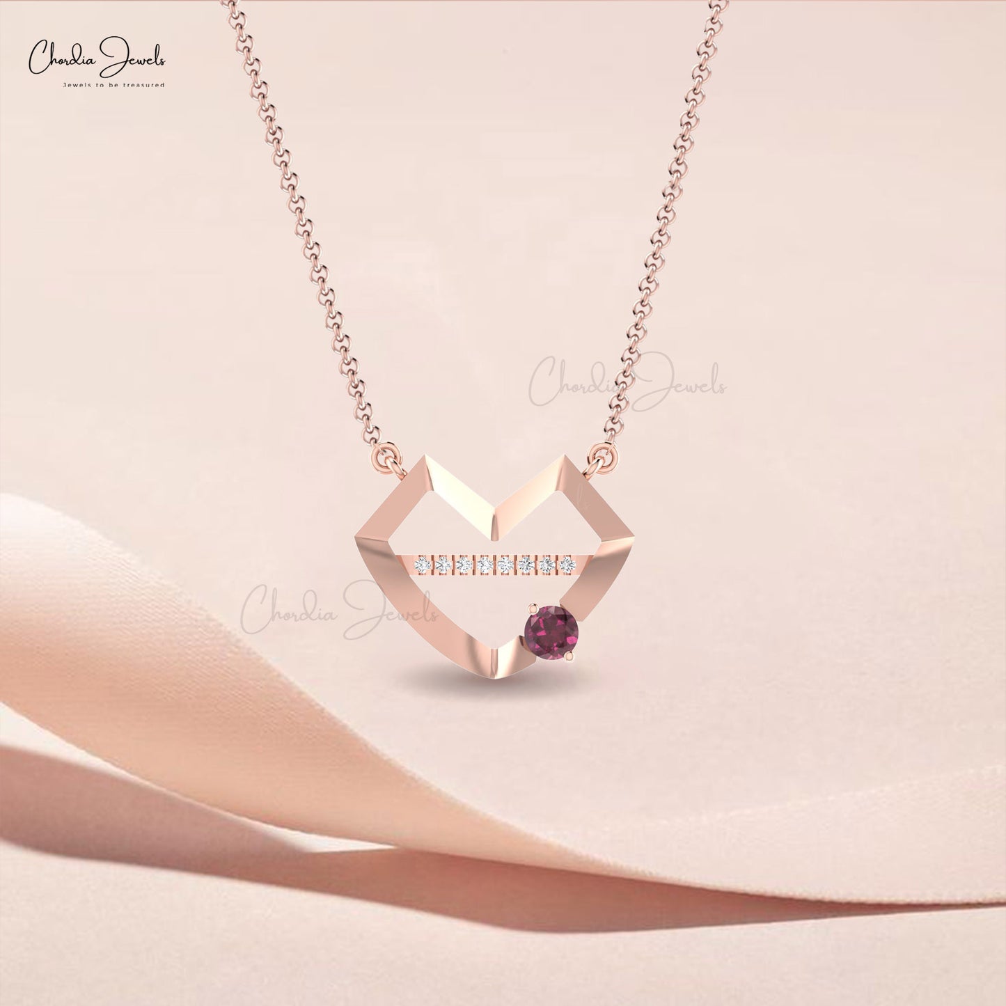 Lips Shape Necklace In 14k Solid Gold With 0.2 CT Rhodolite And Diamond Bar Necklace For Love