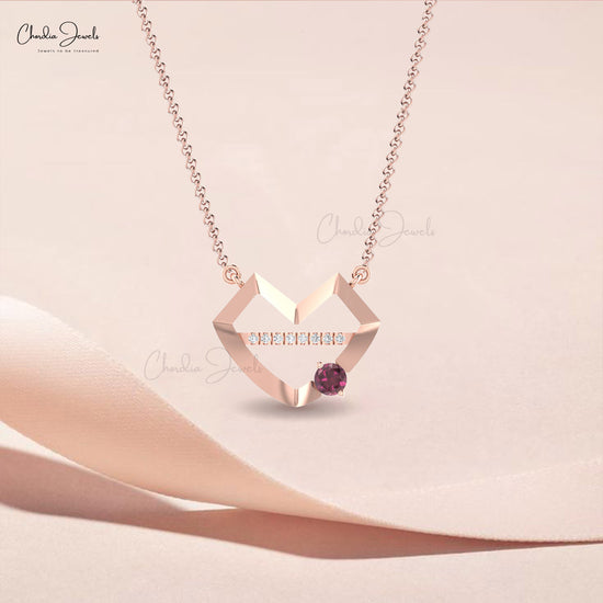 Lips Shape Necklace In 14k Solid Gold With 0.2 CT Rhodolite And Diamond Bar Necklace For Love