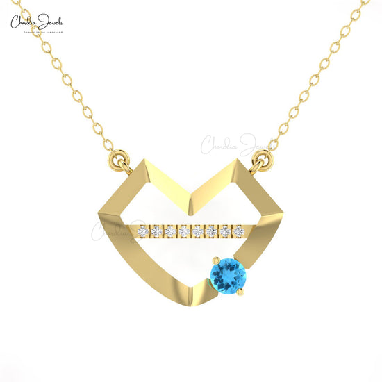 Lips Symbol 14k Real Gold Pendant With 4mm Swiss Blue Topaz And Diamond Necklace