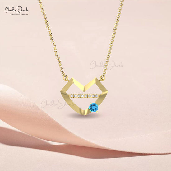 Lips Symbol 14k Real Gold Pendant With 4mm Swiss Blue Topaz And Diamond Necklace