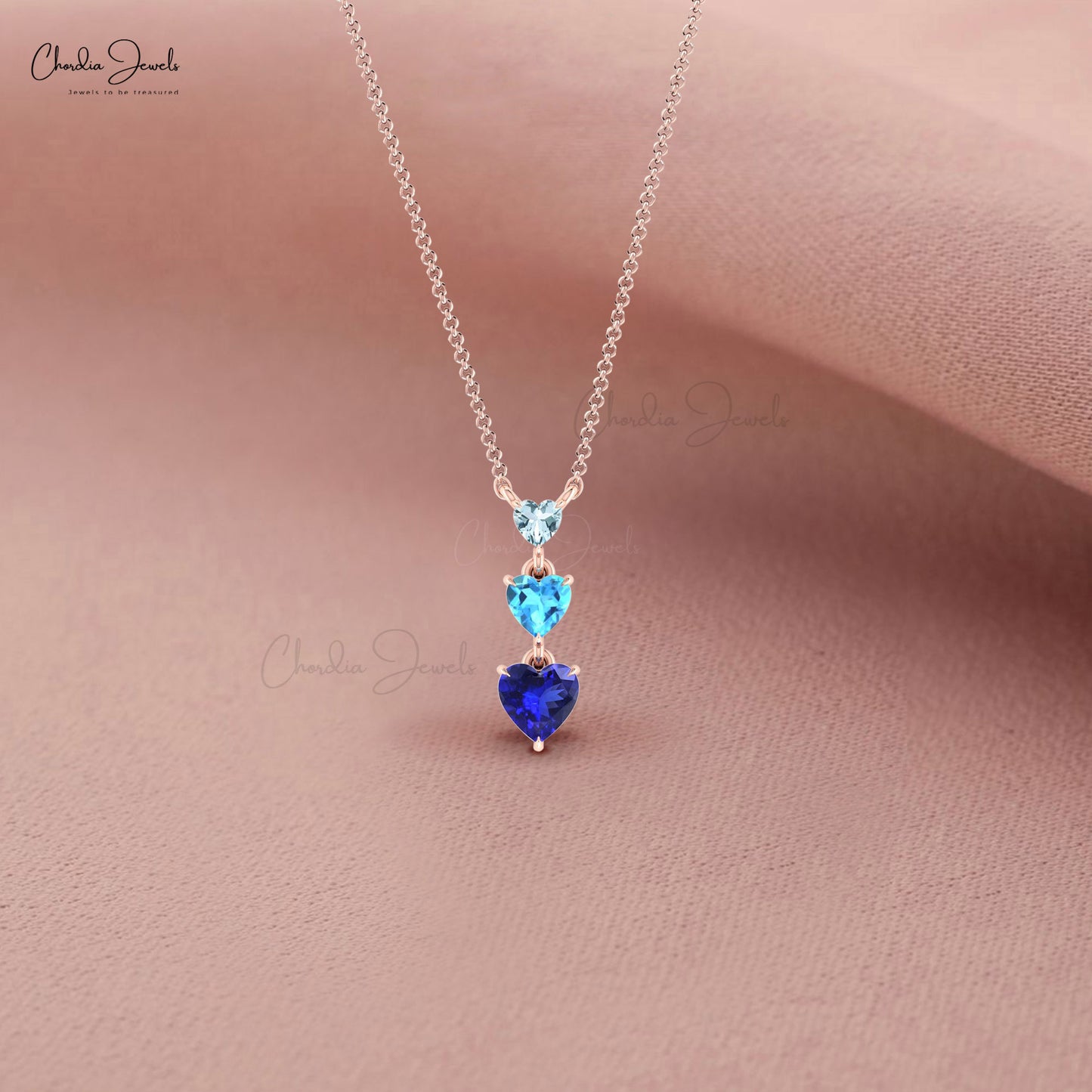 Dangle Heart Aquamarine And 0.63CtTanzanite Accents in Real 14k Gold Necklace