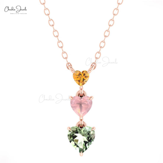 Delicate Heart Cut 3mm Citrine And Rose Quartz With Green Amethyst 14k Gold 3 Stone Necklace