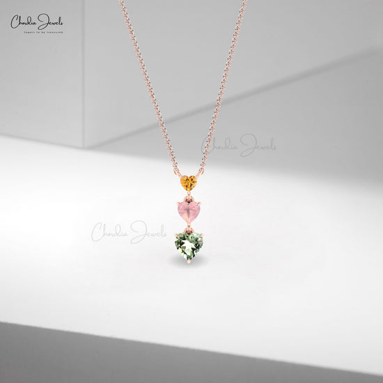 Delicate Heart Cut 3mm Citrine And Rose Quartz With Green Amethyst 14k Gold 3 Stone Necklace