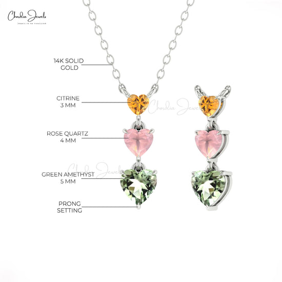 Delicate Heart Cut 3mm Citrine And Rose Quartz With Green Amethyst 14k Gold 3 Stone Necklace