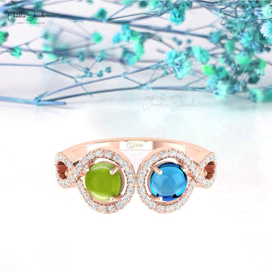 Dual Birthstone Halo Diamond Ring 14k Gold 5mm Round Swiss Blue Topaz And Peridot Ring