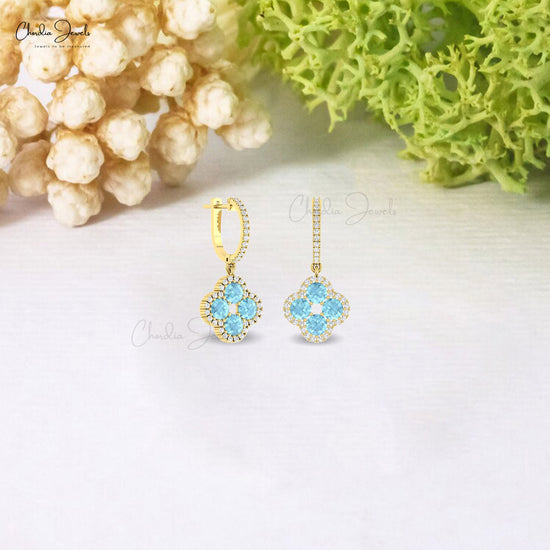 Floral Danglers Earrings With 14k Real Gold Halo Diamond And Aquamarine Clover Earrings