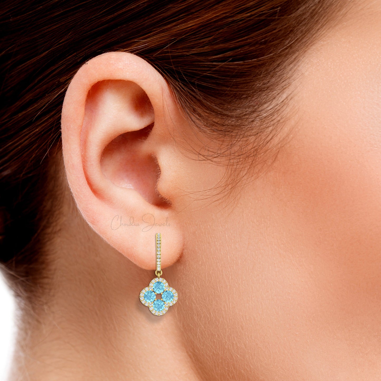 Floral Danglers Earrings With 14k Real Gold Halo Diamond And Aquamarine Clover Earrings