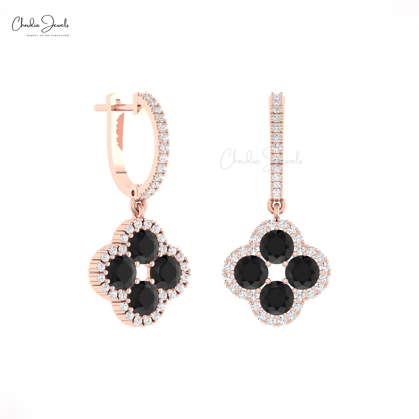 Genuine 3 CTW Black Diamond And Halo G-H Diamond 14k Solid Gold Four Leaf Dangle Earrings