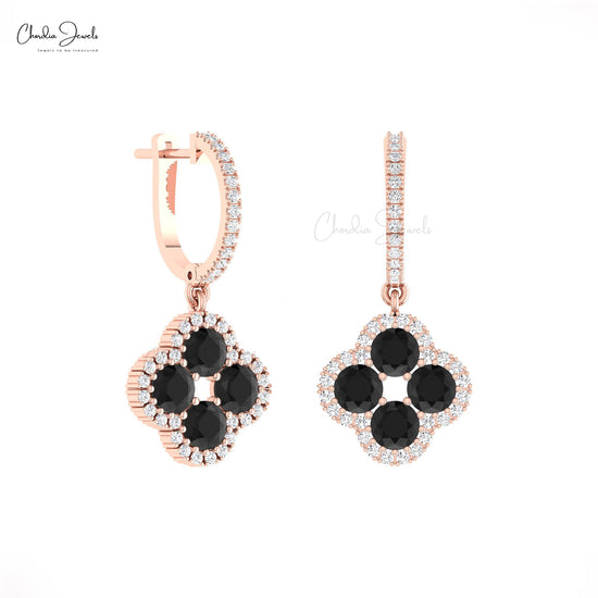 Genuine 3 CTW Black Diamond And Halo G-H Diamond 14k Solid Gold Four Leaf Dangle Earrings