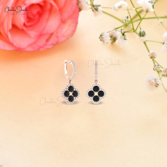 Genuine 3 CTW Black Diamond And Halo G-H Diamond 14k Solid Gold Four Leaf Dangle Earrings