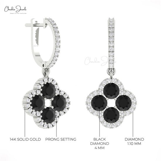 Genuine 3 CTW Black Diamond And Halo G-H Diamond 14k Solid Gold Four Leaf Dangle Earrings