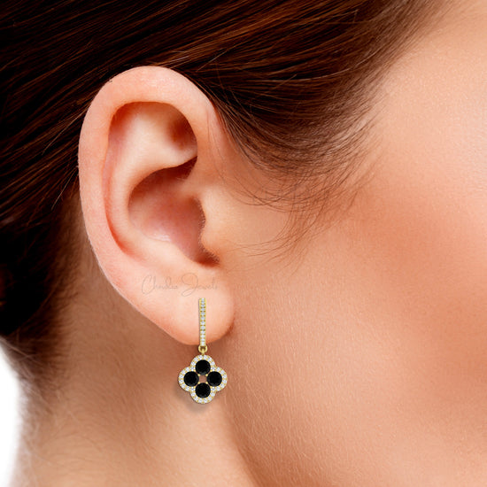 Genuine 3 CTW Black Diamond And Halo G-H Diamond 14k Solid Gold Four Leaf Dangle Earrings