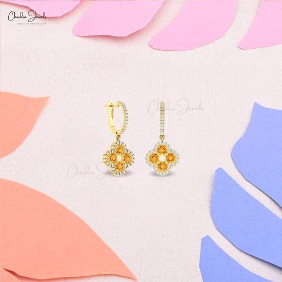 Clover Shape Dangle 4mm Round Citrine And Diamond Accents in Real 14k Gold Halo Earrings