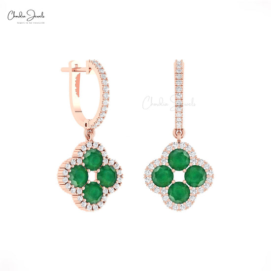 Clover Earrings In 14k Solid Gold With 4mm Emerald And Halo Diamond Wedding Earrings