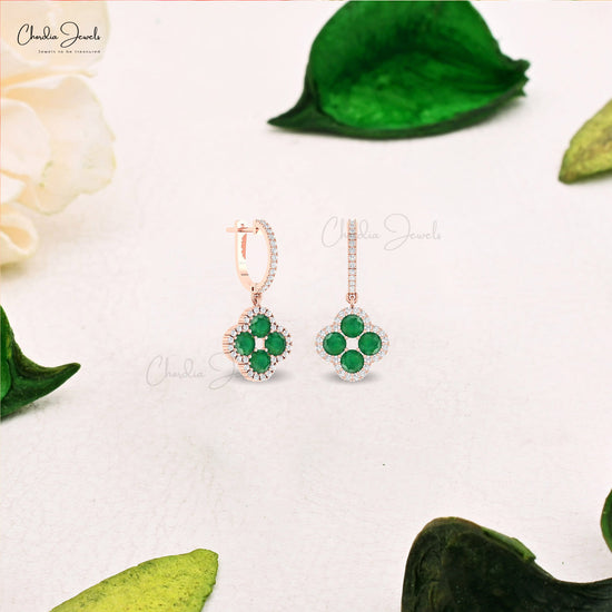 Clover Earrings In 14k Solid Gold With 4mm Emerald And Halo Diamond Wedding Earrings