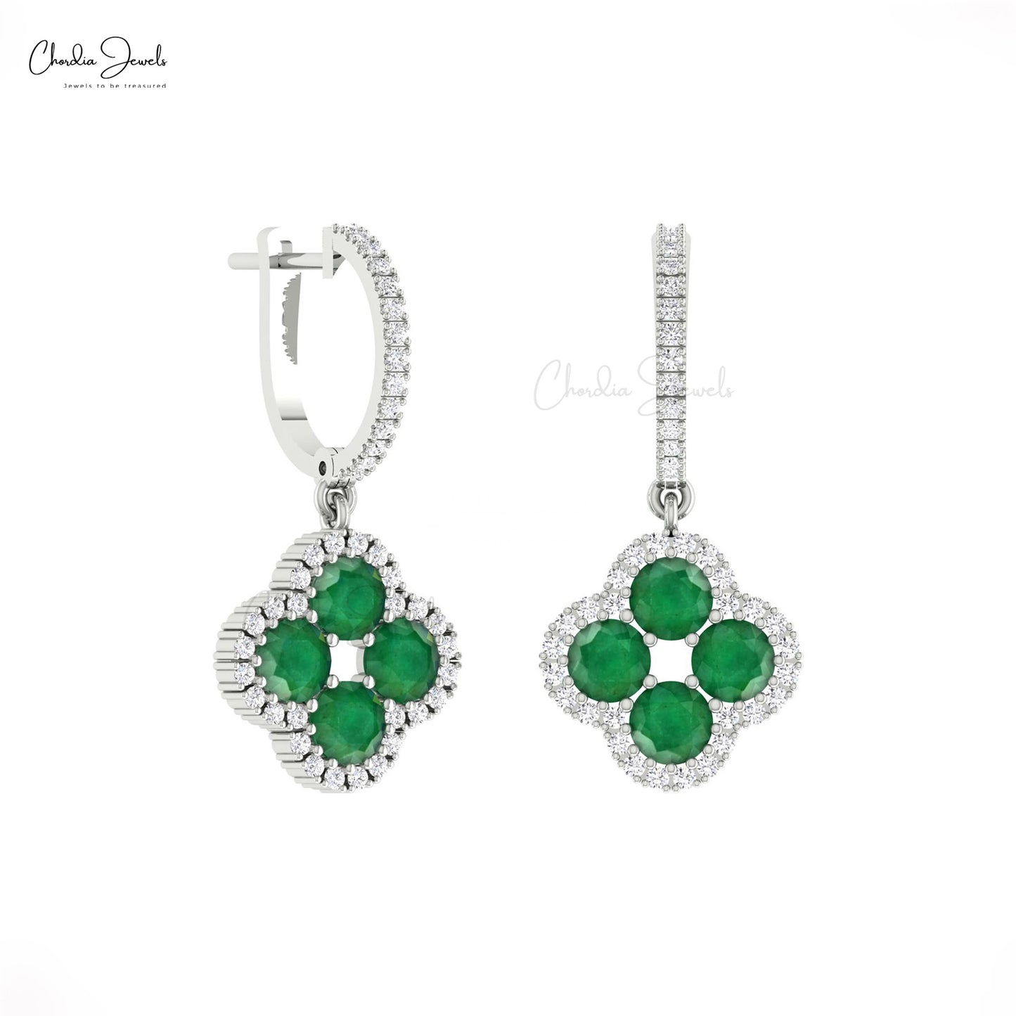 Clover Earrings In 14k Solid Gold With 4mm Emerald And Halo Diamond Wedding Earrings