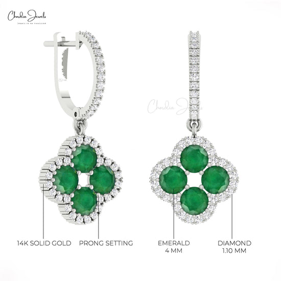 Clover Earrings In 14k Solid Gold With 4mm Emerald And Halo Diamond Wedding Earrings