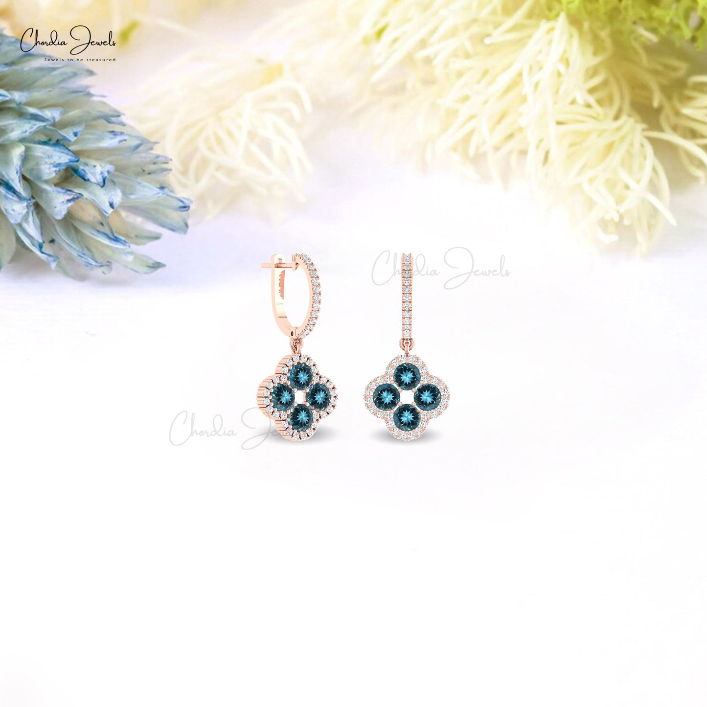 Four Stone Dangle Earrings With 1.92 Ct London Blue Topaz & Diamond 14k Gold Halo Earrings