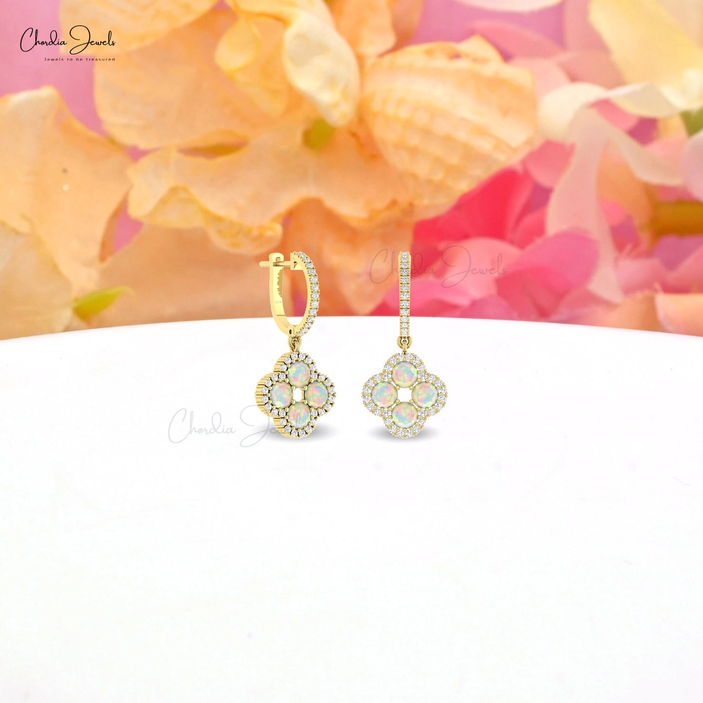 Clover Shape Dangle Earrings In 14k Real Gold Round Opal And Diamond Halo Earrings