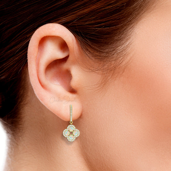 Clover Shape Dangle Earrings In 14k Real Gold Round Opal And Diamond Halo Earrings