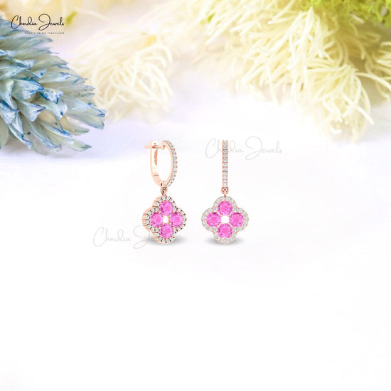 Halo Dangling Earring With 2 CTW Pink Sapphire And Diamond 14k Solid Gold Earrings For Love