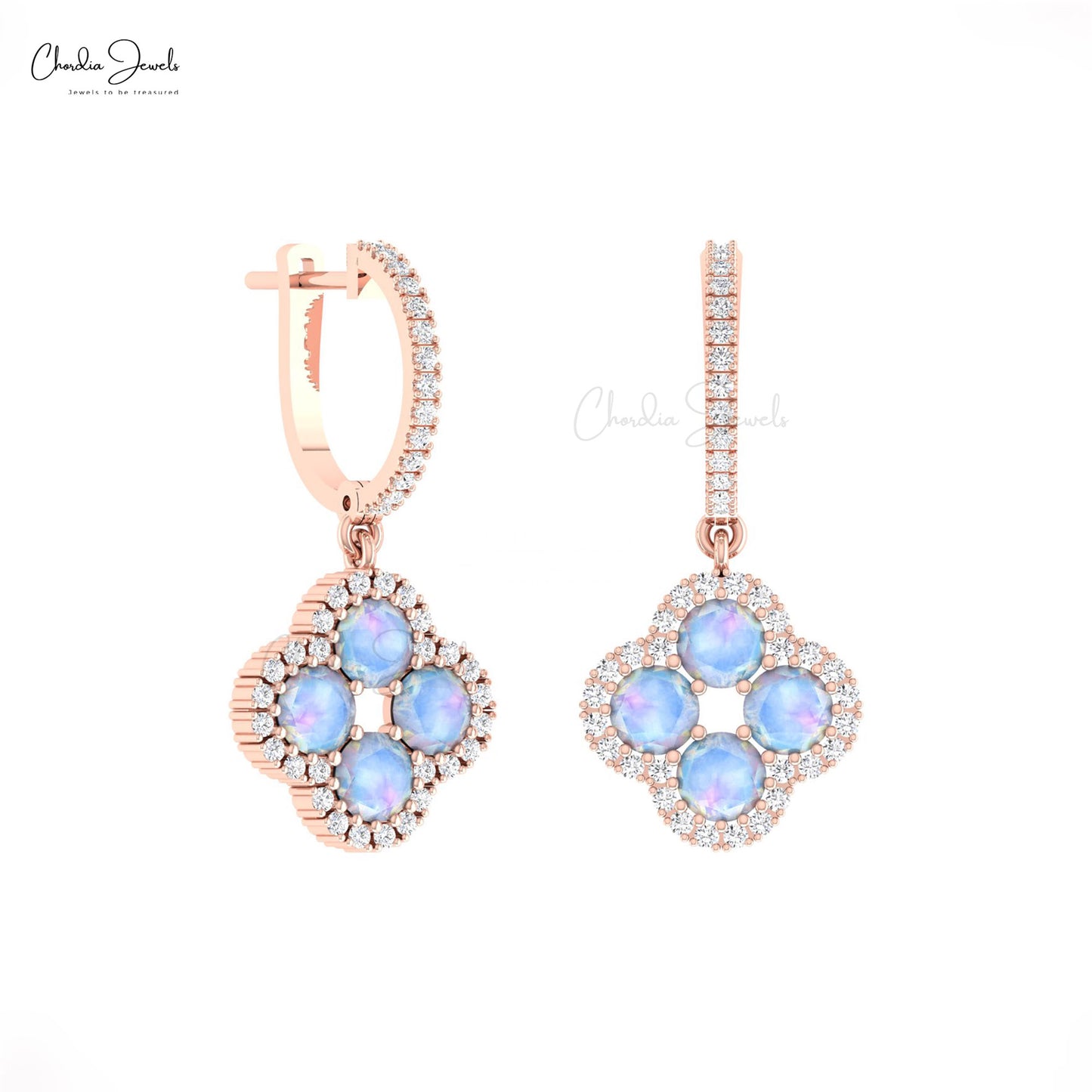 Four Leaf Clover Earring in 14k Solid Gold Rainbow Moonstone With Pave Diamond Earrings