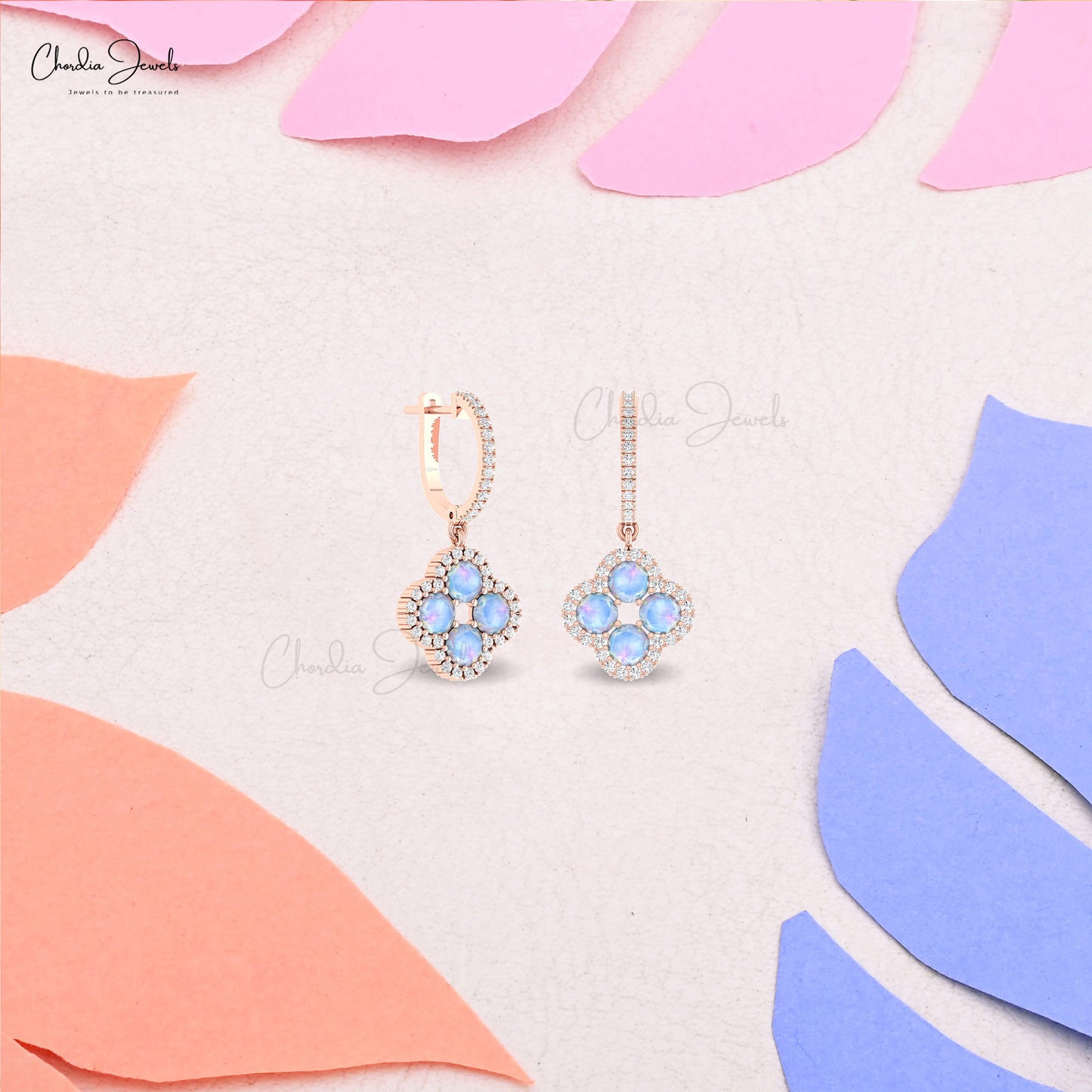 Four Leaf Clover Earring in 14k Solid Gold Rainbow Moonstone With Pave Diamond Earrings